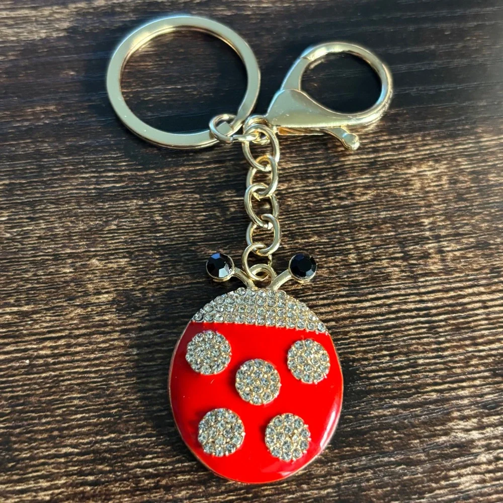 Gold Tone Red Enamel Rhinestone Ladybug Keychain Bag Charm
